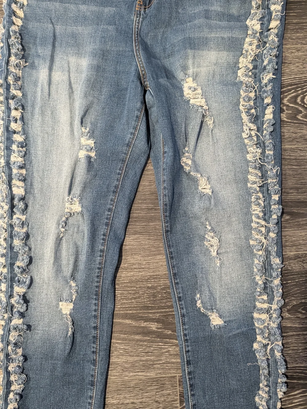 Fashion Nova Blue Ruffled Side Distressed Straight Leg Jeans
